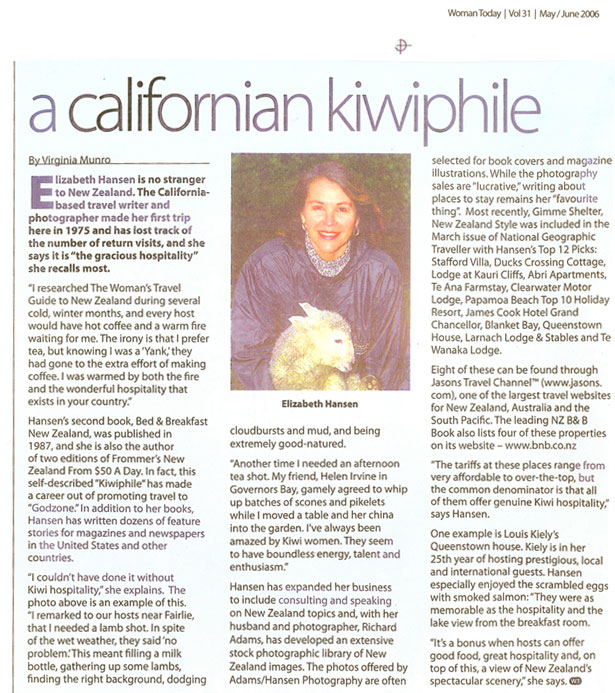 Article from New Zealand's Woman Today:  A Californian Kiwiphile